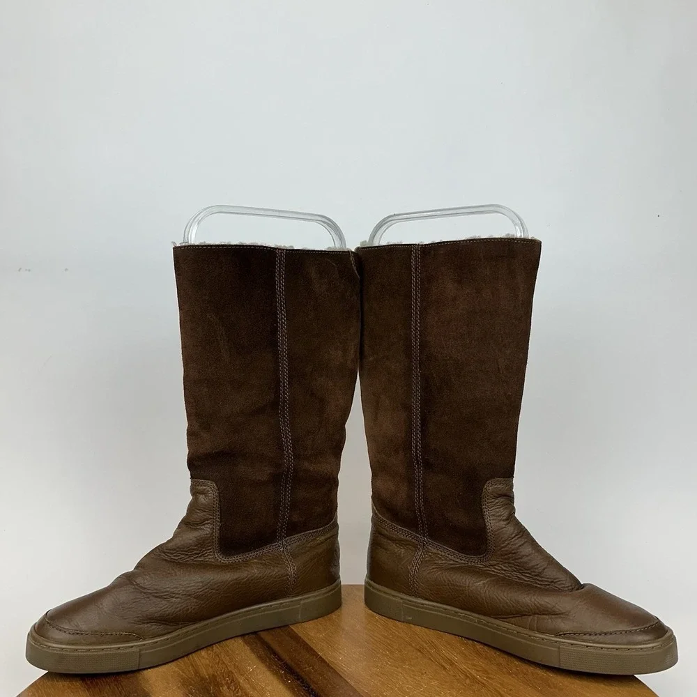 Womens Frye Gemma Tall Brown Suede Pull On Shearling Lined Boots‎ Size 7 M GUC